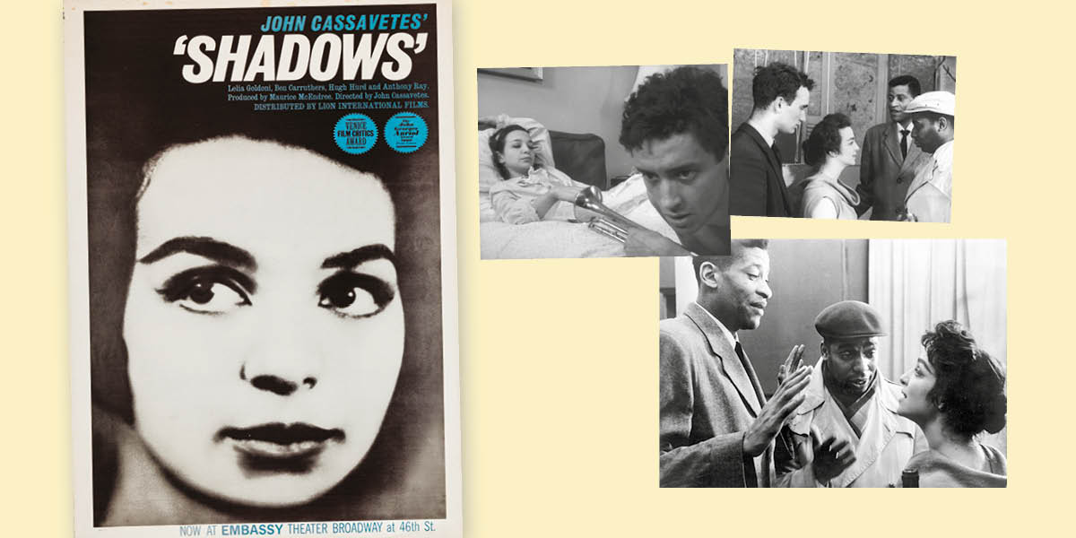 On a pale yellow background are a number of black and white pictures. On the left is the poster for the film Shadows. On the right are a series of photos from the making of the film.