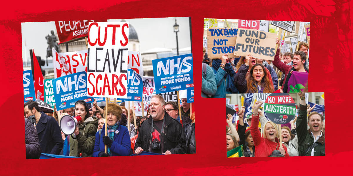 Three photos of demonstrations on a red background. They are all anti austerity demonstrations.