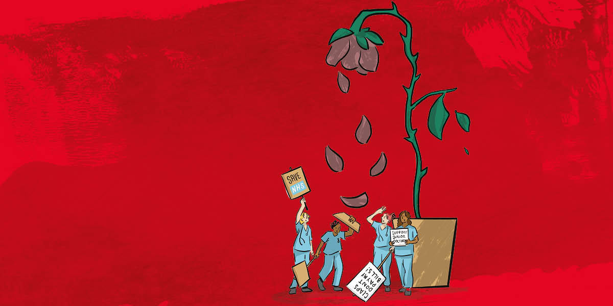 On a red background, there is an illustration of a wilted red rose that is dropping its petals on protesting nurses. The nurses banners say 'claps don't pay the bills' and 'save the NHS'.