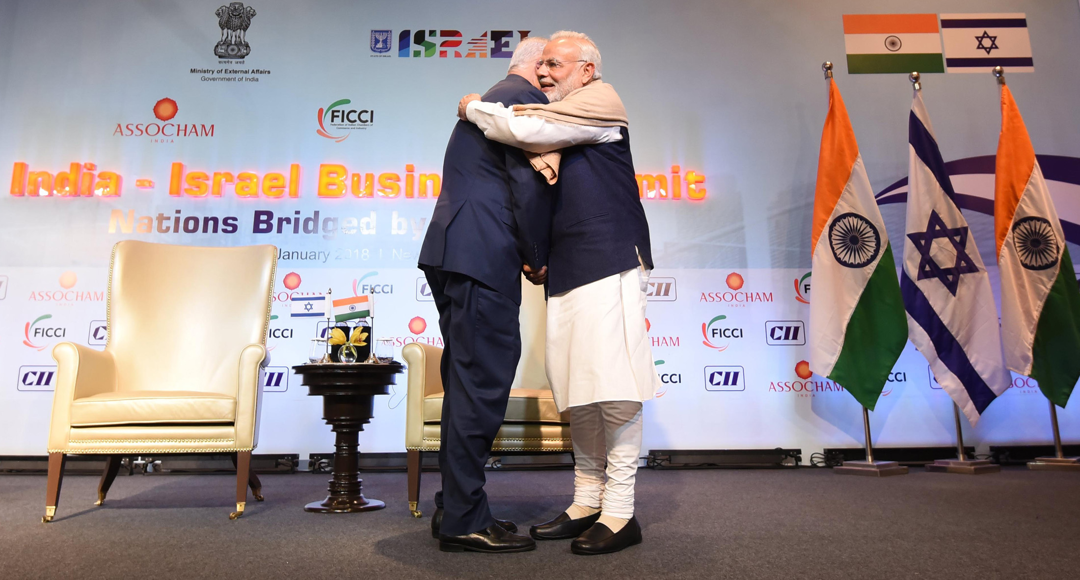 Indian Prime Minister Narendra Modi embraces Israeli Prime Minister Benjamin Netanyahu in New Delhi