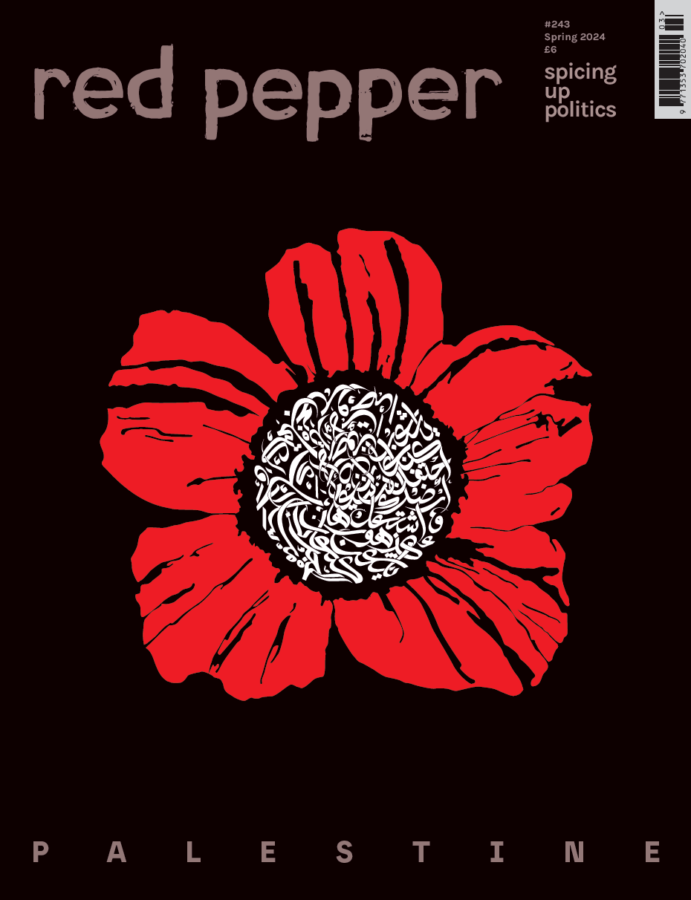 Magazine cover showing a bright red flower with white Arabic script in the centre, on a black background with the word underneath 'PALESTINE'