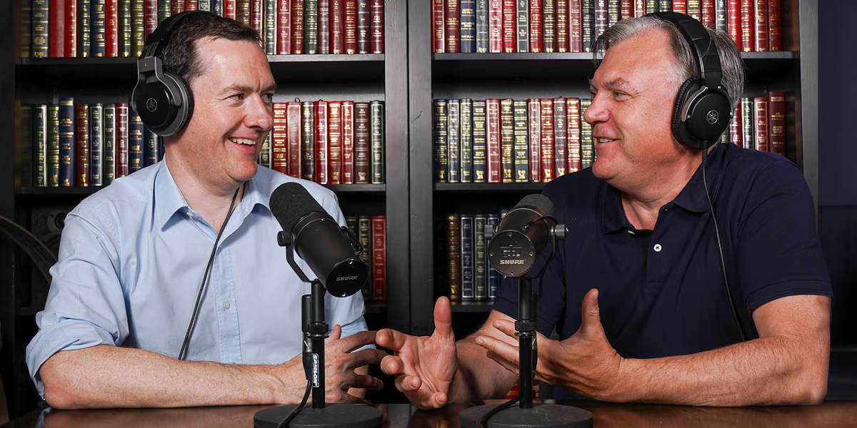 Former Chancellor of the Exchequer George Osborne (left) and former Shadow Chancellor Ed Balls (right) recording the pilot episode of their podcast Political Currency