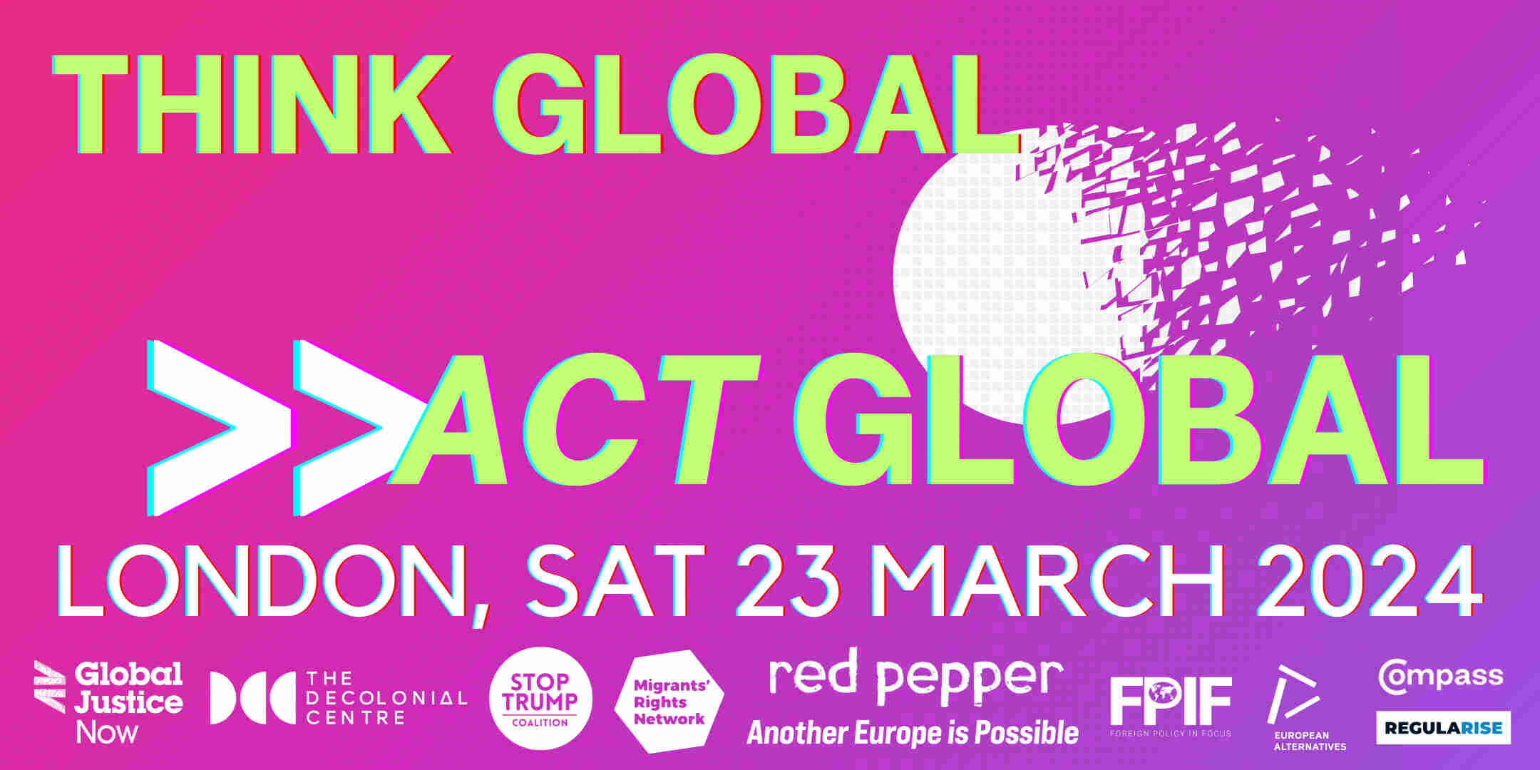 A purple and green graphic advertising Think Global Act Global conference, London 23 March 2024, with sponsoring group logos along the bottom