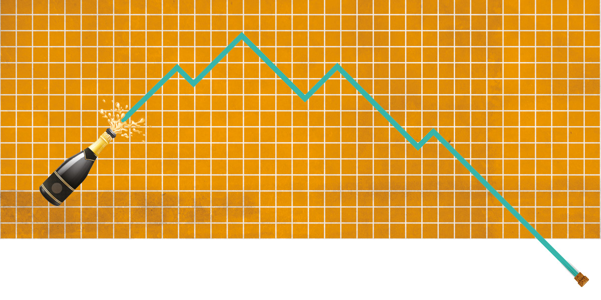 A champagne cork popping turns into a graph line showing recession