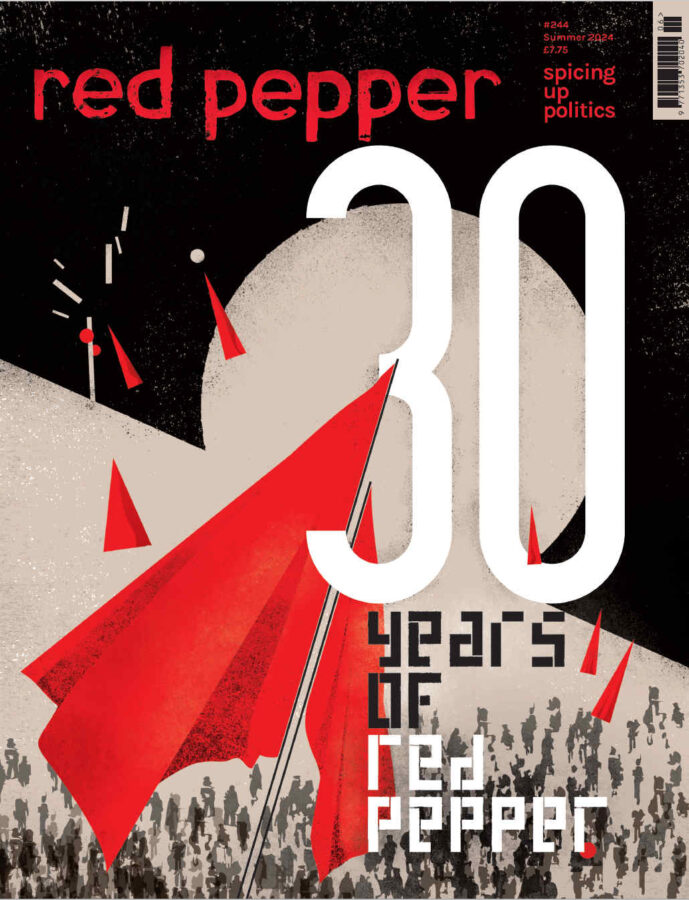 Cover of issue 245, shows title 30 Years of Red Pepper with large crowd illustrated below, waving red flag