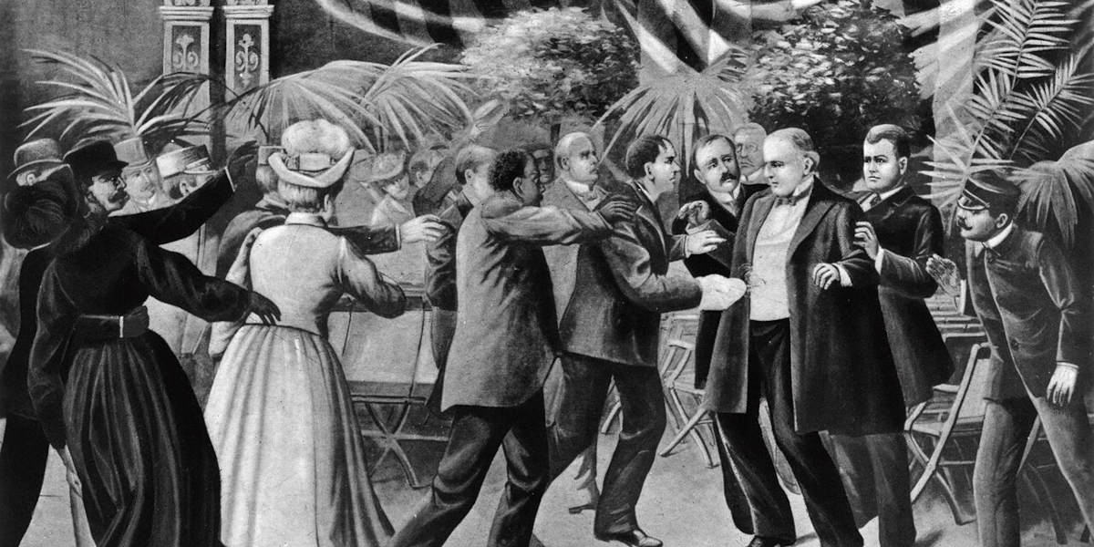 An illustration depicting anarchist assassin Leon Czolgosz (left) shooting US President William McKinley (right) whilst shocked onlookers try to intervene