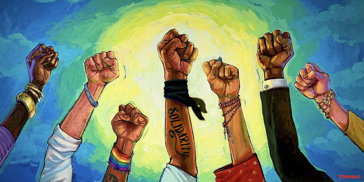 An illustration of seven raised fists set against a bright yellow sun
