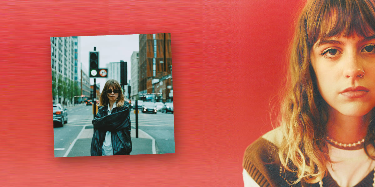 Against a red background, a close up of singer Chloe Slater with her album cover to the right