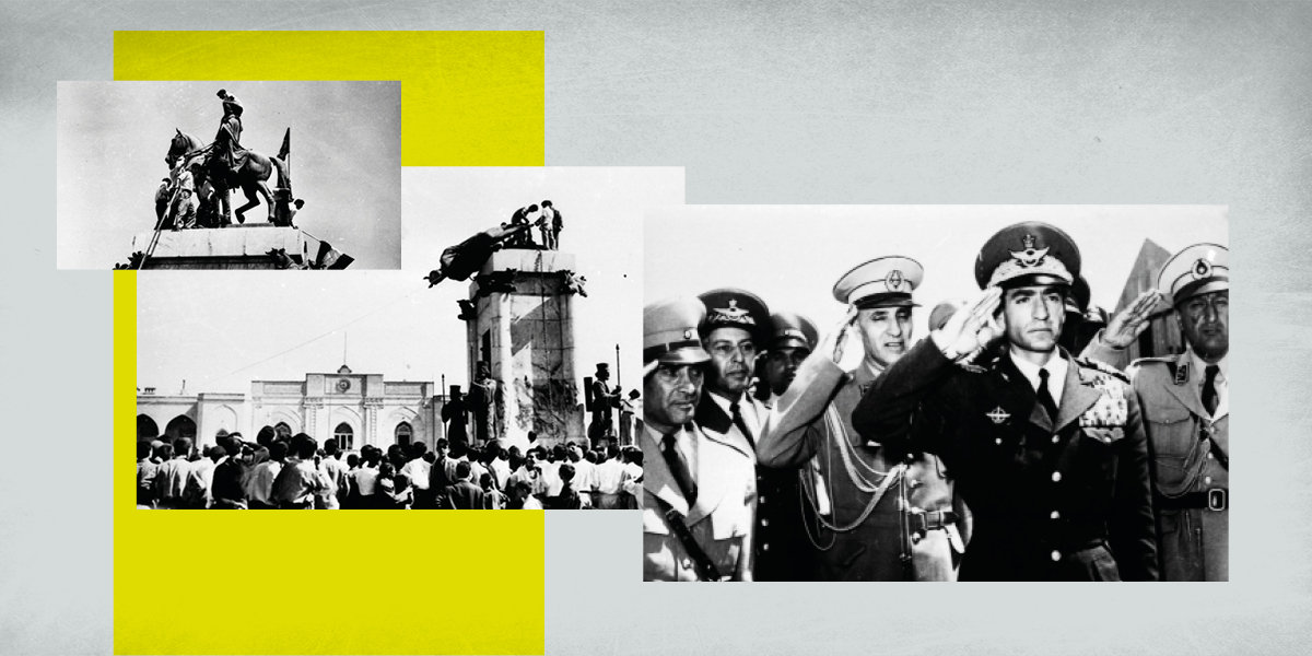 A montage of b&w photographs of generals and a statue being pulled down