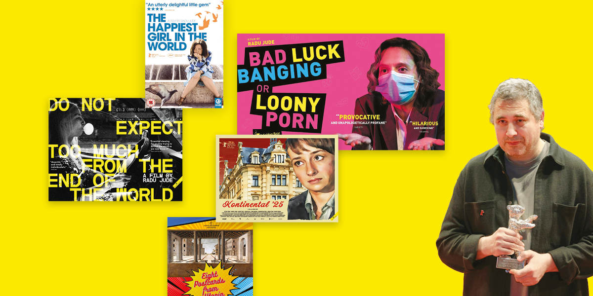 On a bright yellow background, a montage of movie posters and filmmaker Radu Jude holding an award