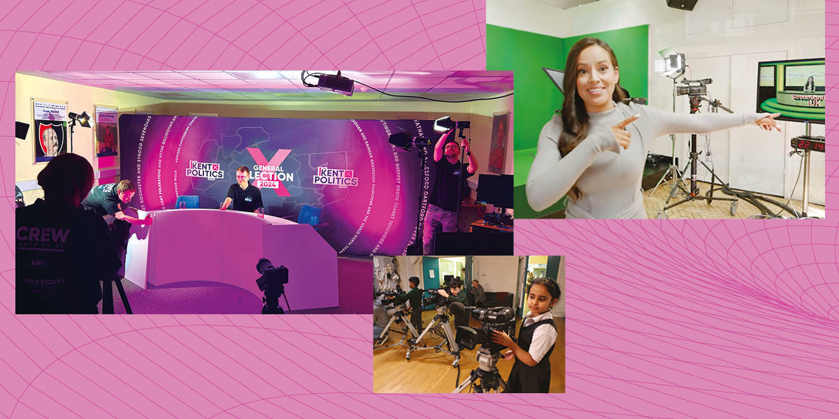 A montage of images showing behind the scenes action at local TV stations' studios, featuring cameras, people and sets