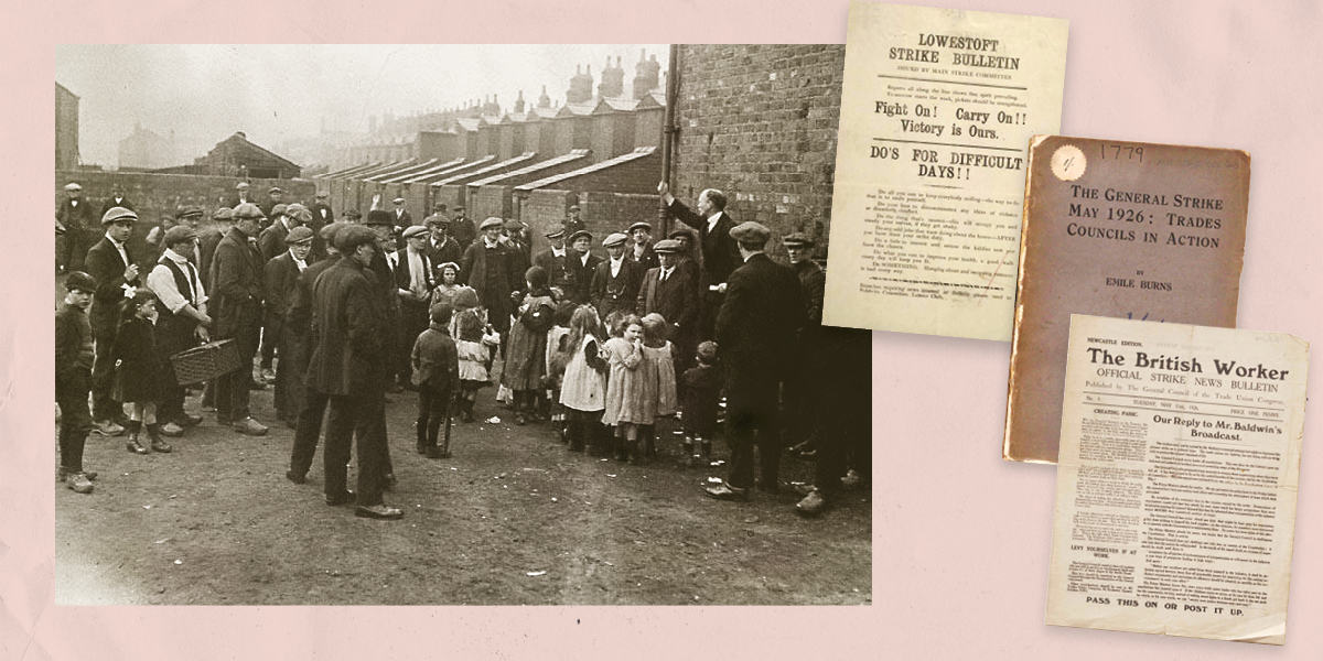 Archive b&w image of strikers in a street, and covers of contemporary news bulletins