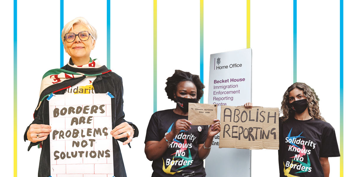 A person holding a banner that says: 'Borders are problems not solutions' next to two protesters holding a sign that reads: 'Abolish reporting'