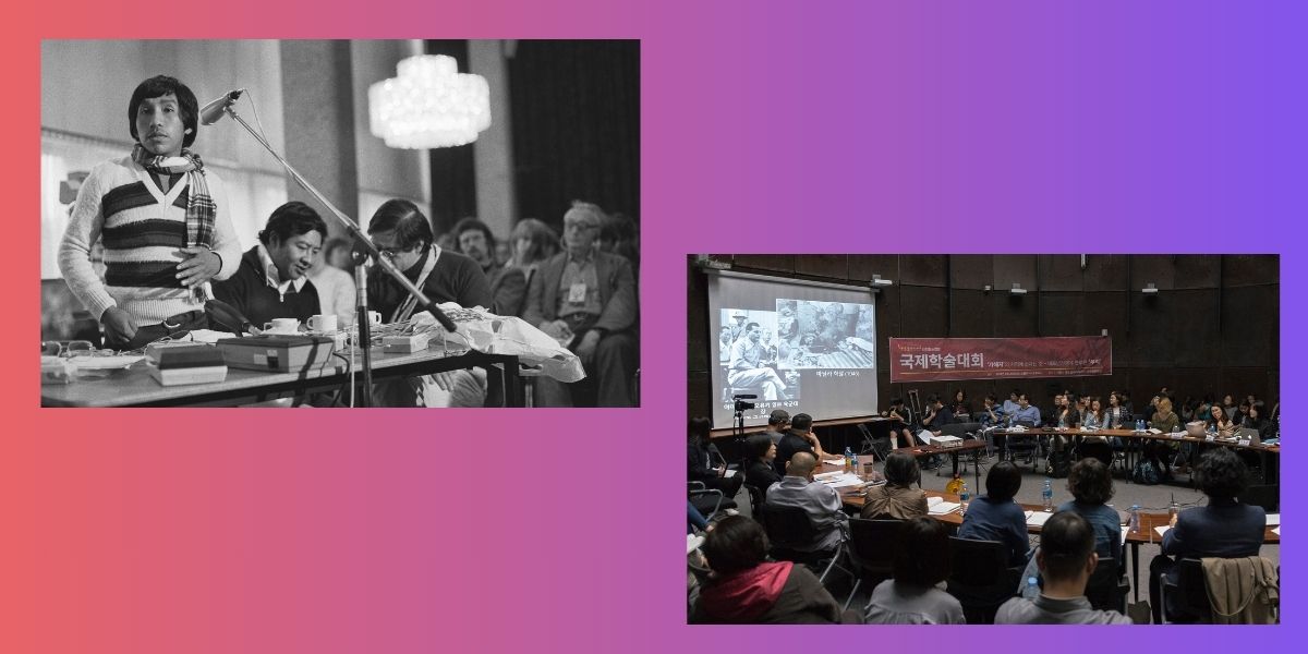 A b&w photo of a person standing to give evidence and a wide shot of a more modern tribunal setting