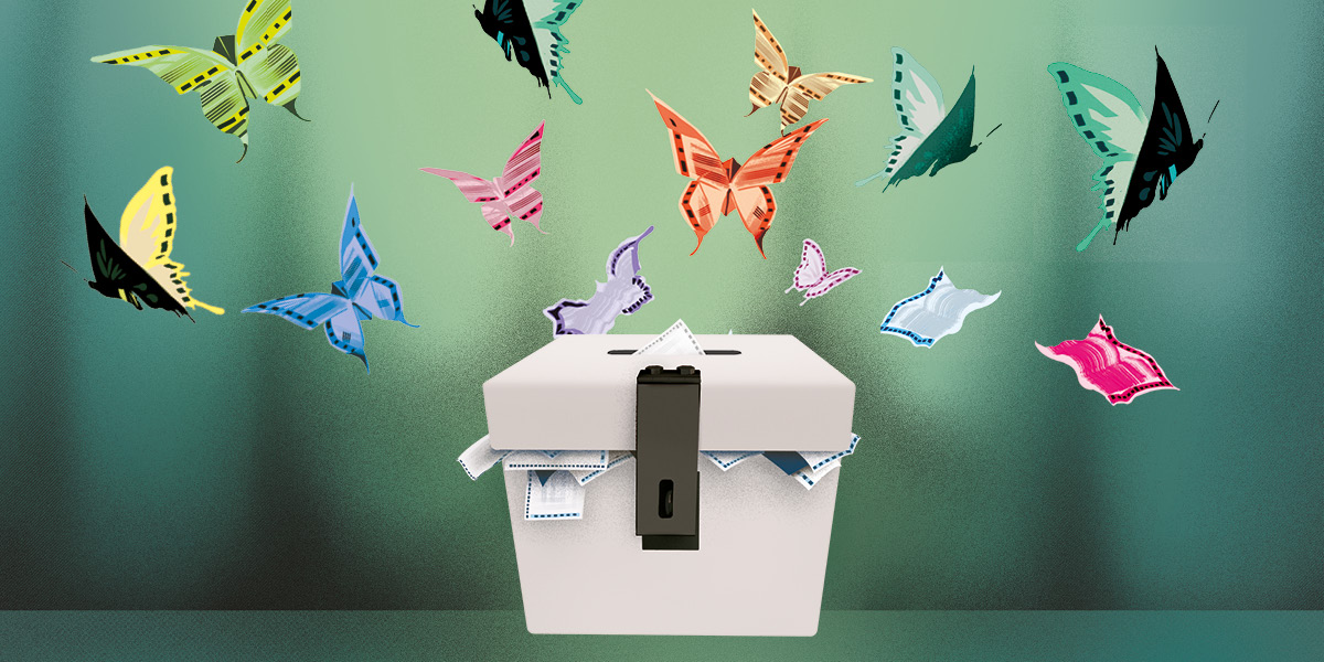 Illustration of a ballot box with votes turning into butterflies