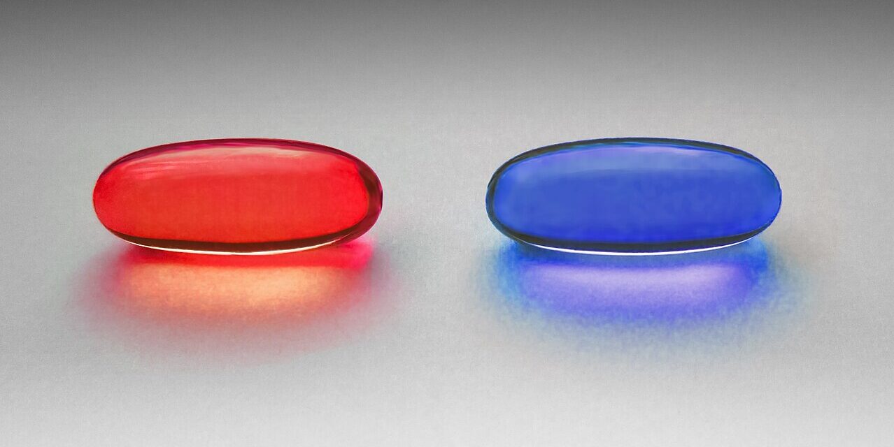 A red pill and a blue pill side by side