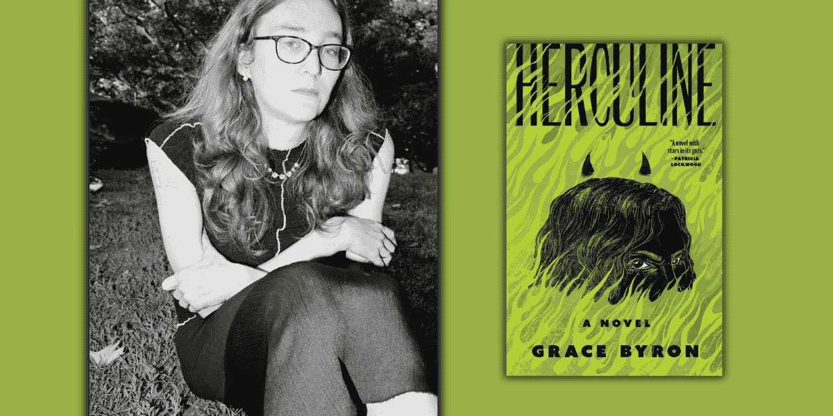 A headshot of writer Grace Byron next to the cover of her book Herculine