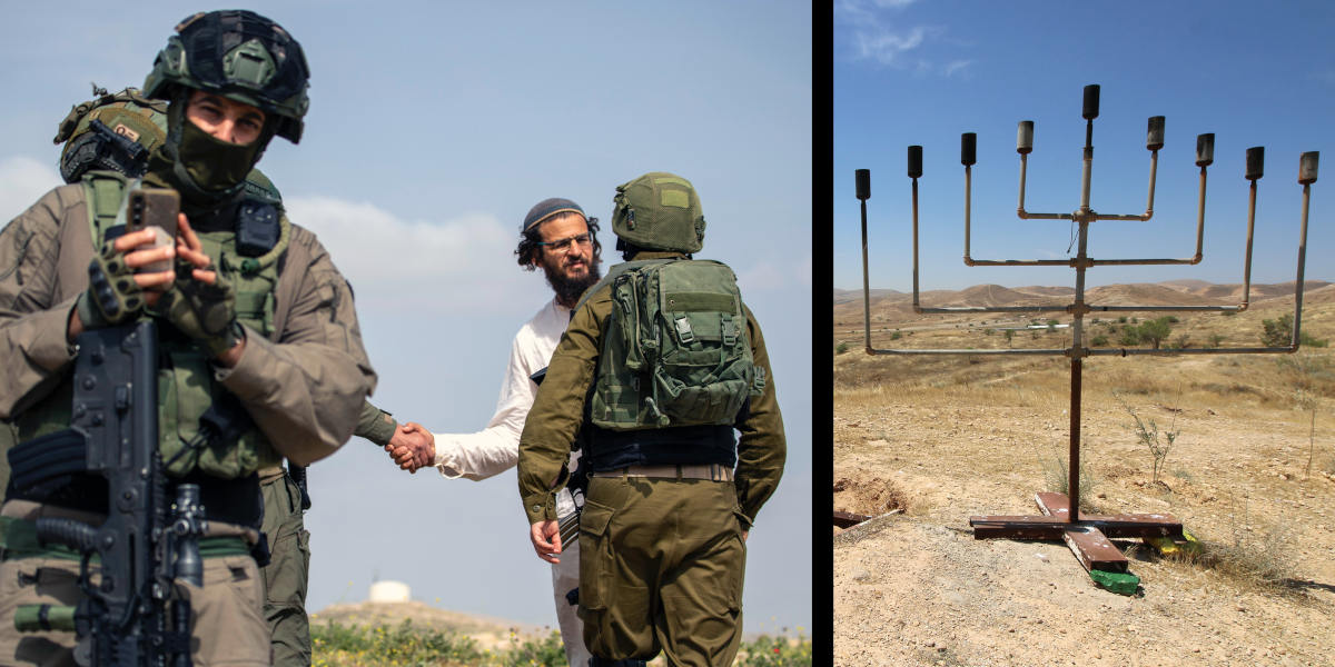 Two photos side by side, the left showing IDF soldiers talking to a settler wearing a kippah, the second showing a menorah erected on Palestinian land
