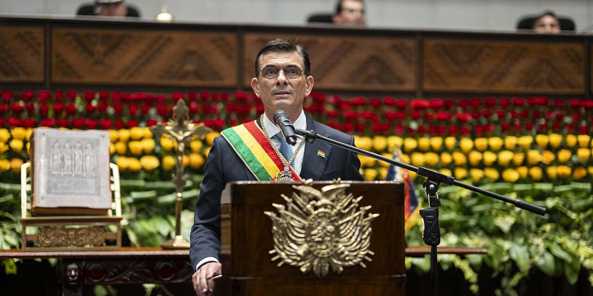 Bolivian President Rodrigo Paz stood at a lectern during his inauguration