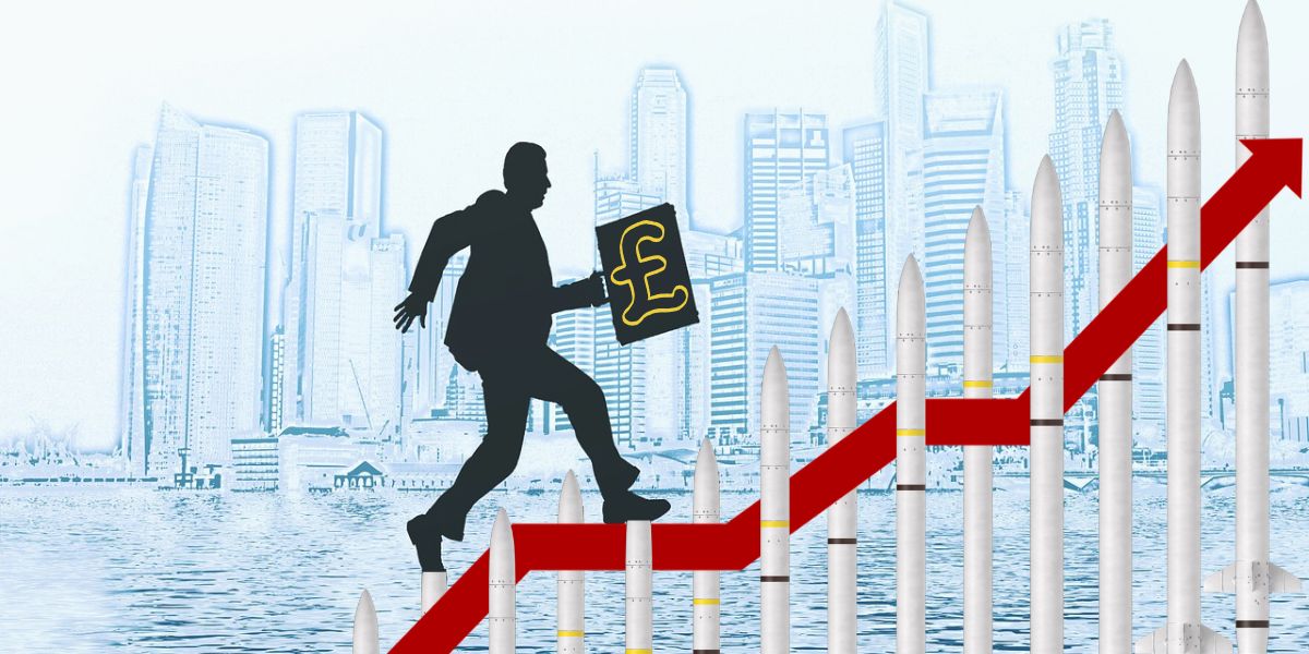 A composite image of a business man running up a graph of missiles holding a breifcase of money