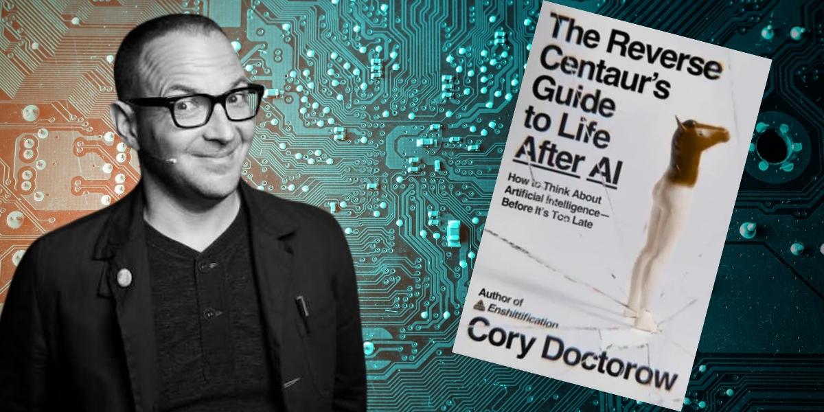 A b&w photo of a white man wearing glasses with a book cover (The Reverse Cenataur's Guide to Life After AI) against a computer chip background