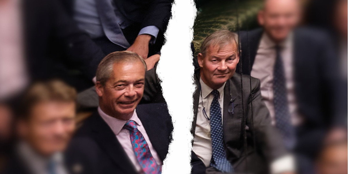 Two men sitting side by side on House of Commons benches. Others sitting nearby are blurred out and the photograph appears torn between the two men