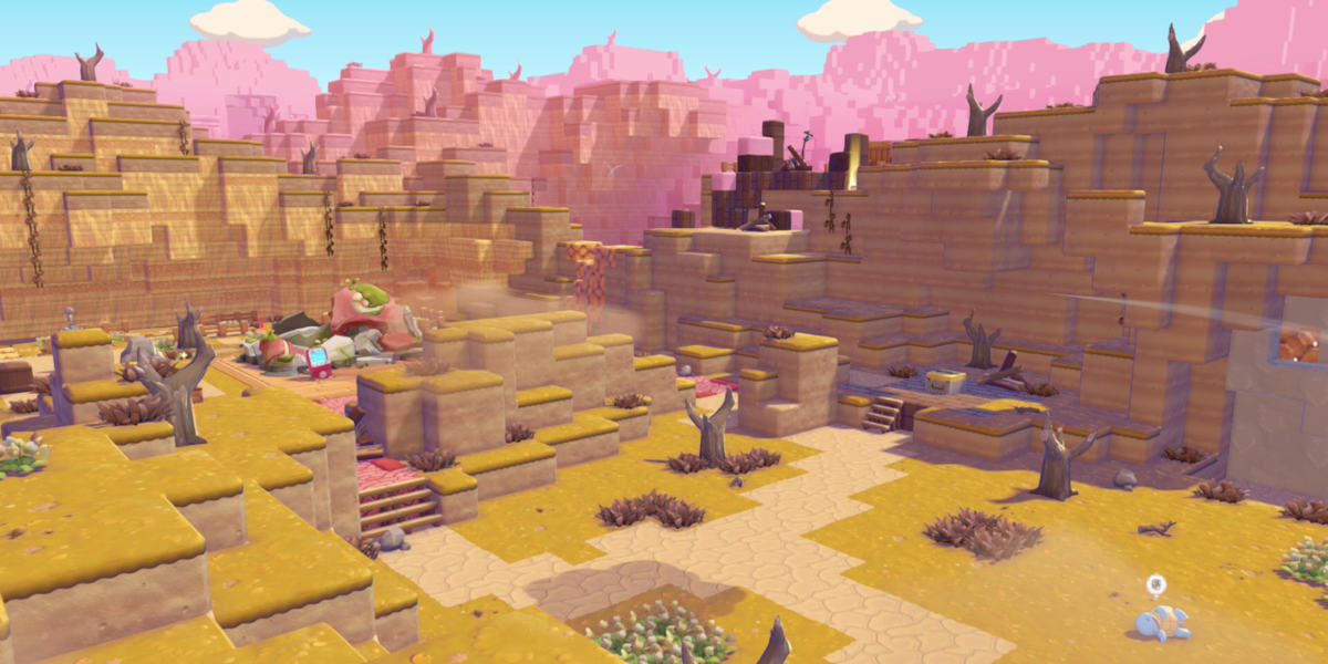 A screenshot of the video game Pokémon Pokopia, featuring a barren landscape rendered in stylised, blocky textures and vibrant colours
