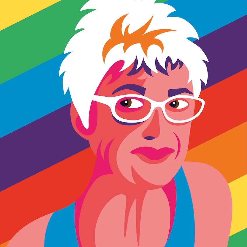 Illustration of Anny Brackx on a rainbow background