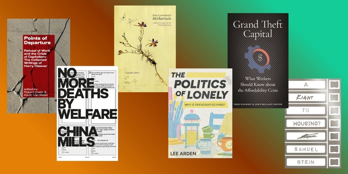 Six book covers on a green and brown background