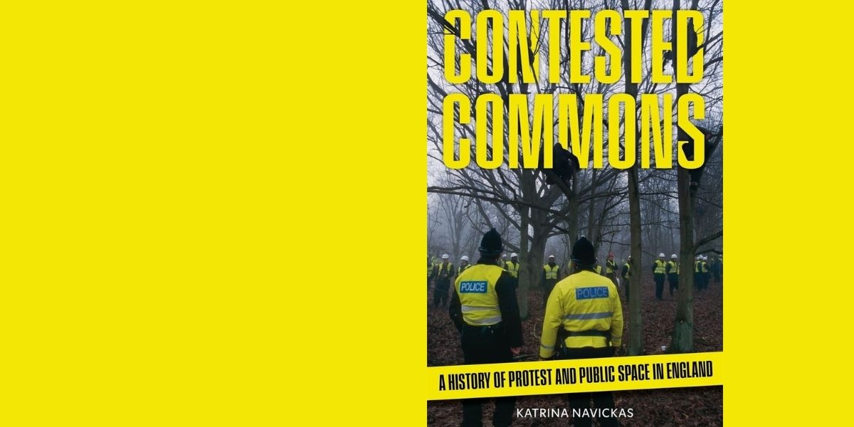 Book cover for Contested Commons shows police in front of a protester in a tree