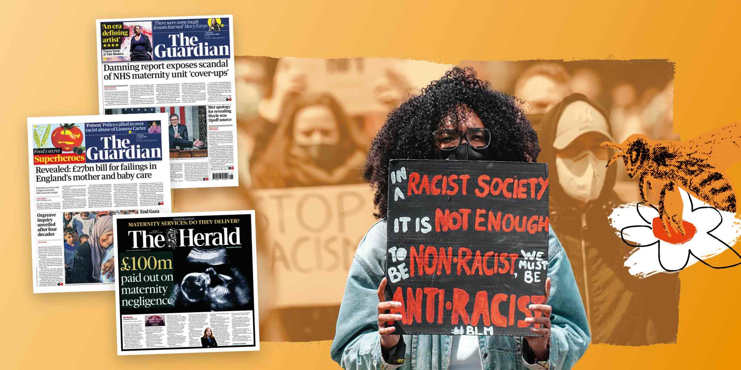 A monthage of newspaper headlines about material health scandals with a Black protester holding a placard