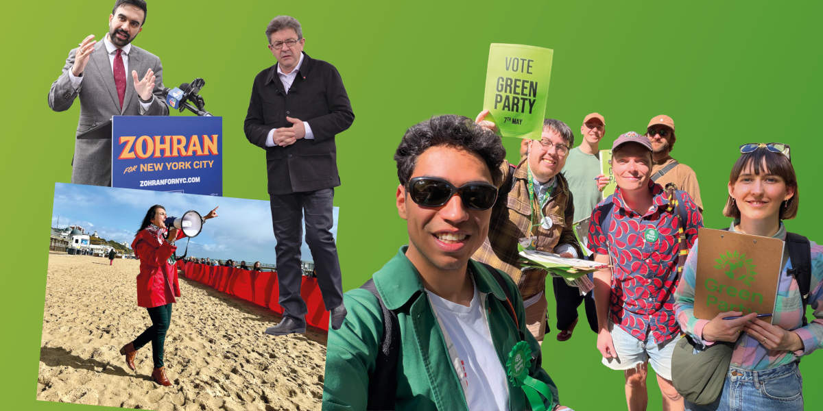 A collage on a green background, showing New York Mayor Zohran Mamdani and French politician Jean-Luc Mélenchon (left) and Greens organise activists (right)