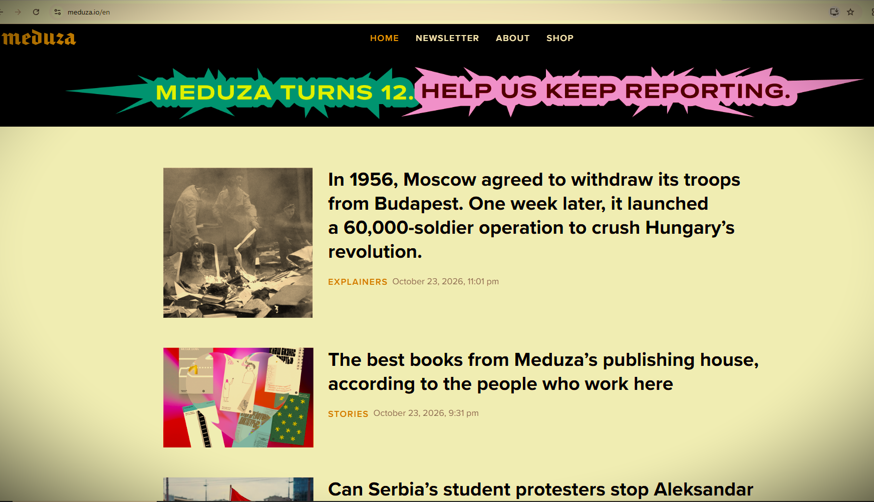 Snapshot of the Meduza front page, 24 October 2026